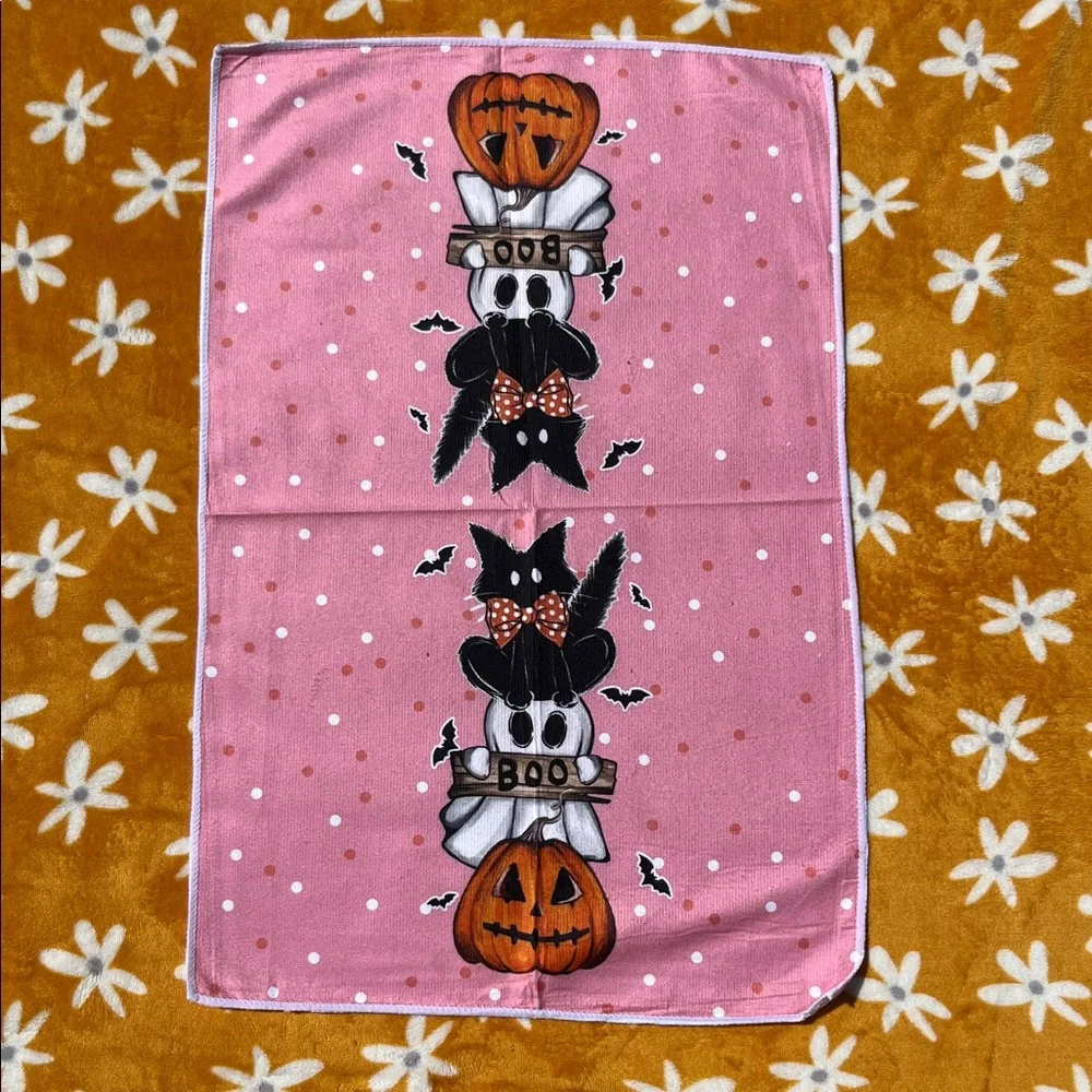 NEW Set of 4 Pink Themed Spooky Cute Ghost Black Cat Kitchen Towels Halloween